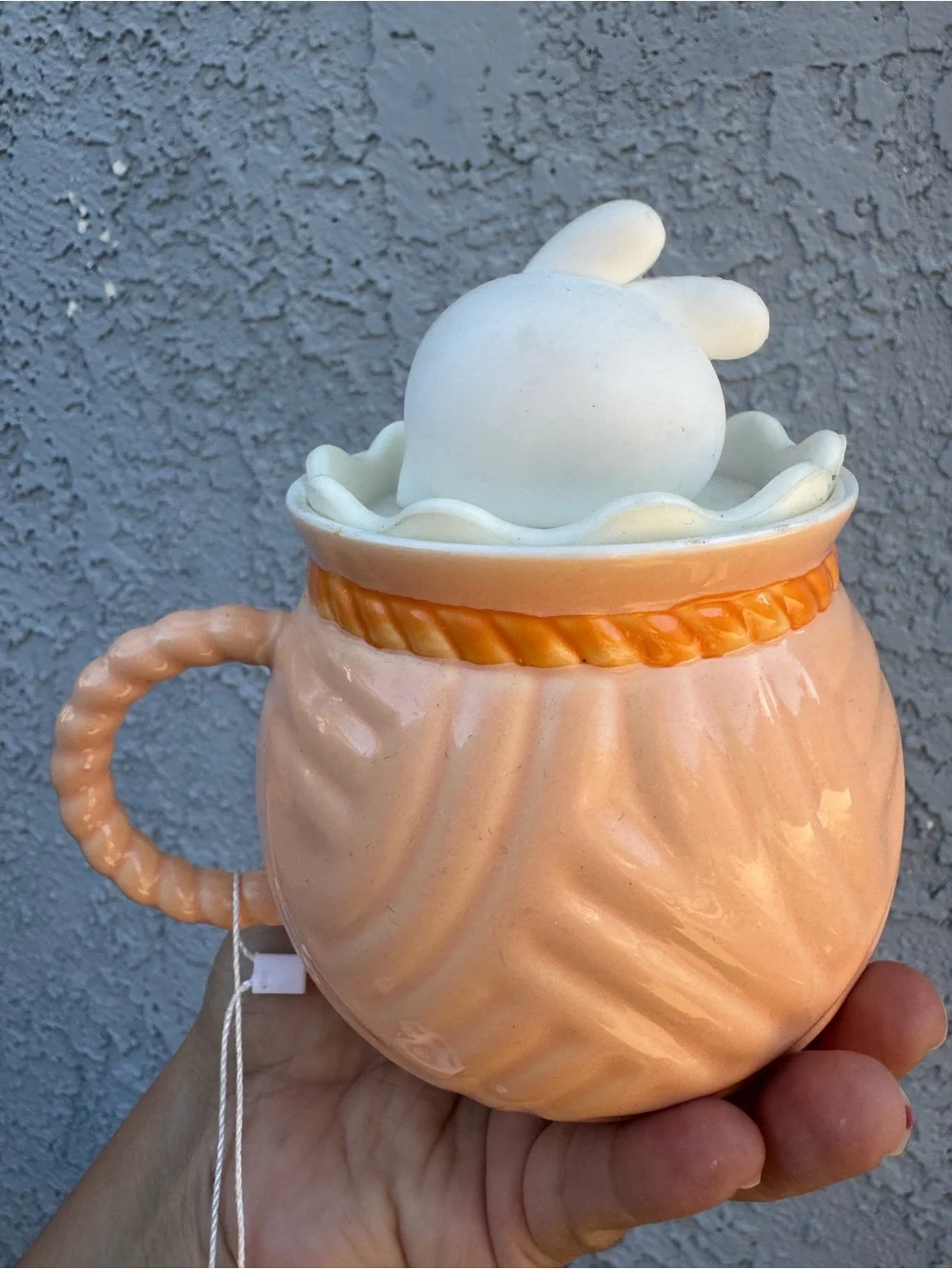 Cute Bunny Ceramic Mug with Lid Lucky Fortune Bag Peach Orange Kawaii NWT 5”